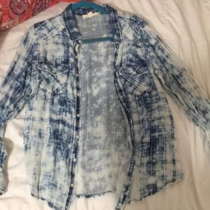 Blue acid wash flannel button down love stich